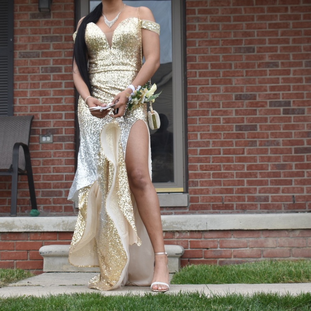 Gold/silver mid split prom dress - Picture 1 of 5